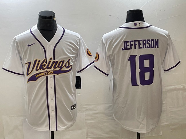 Men's Minnesota Vikings #18 Justin Jefferson White Cool Base Stitched Baseball Jersey Men's Minnesota Vikings #18 Justin Jefferson White Cool Base Stitched Baseball Jersey